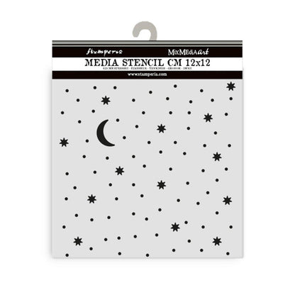 Stamperia - Thick Stencil - Alice in Christmas - Stars And Moon. Size: 12 cm x 12 cm. Available at Embellish Away located in Bowmanville Ontario Canada.