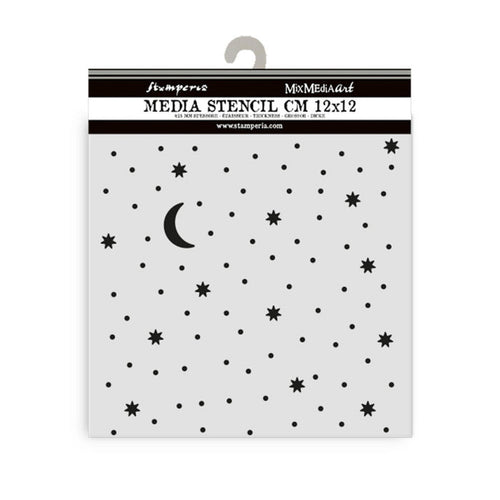 Stamperia - Thick Stencil - Alice in Christmas - Stars And Moon. Size: 12 cm x 12 cm. Available at Embellish Away located in Bowmanville Ontario Canada.