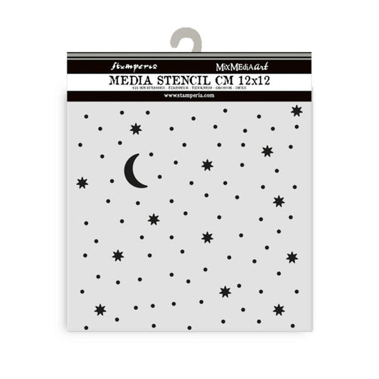 Stamperia - Thick Stencil - Alice in Christmas - Stars And Moon. Size: 12 cm x 12 cm. Available at Embellish Away located in Bowmanville Ontario Canada.