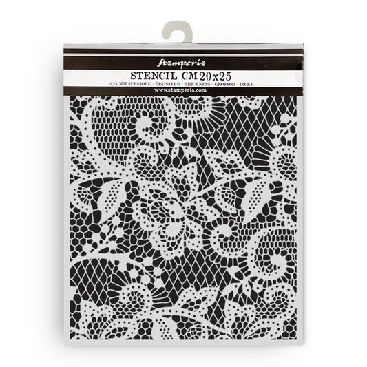 Stamperia - Thick Stencil - Quiet Days - Floral Lace. Available at Embellish Away located in Bowmanville Ontario Canada.