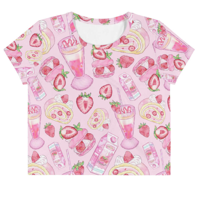 Pink kawaii Strawberry crop top with heart-cut strawberries and roll cake slices