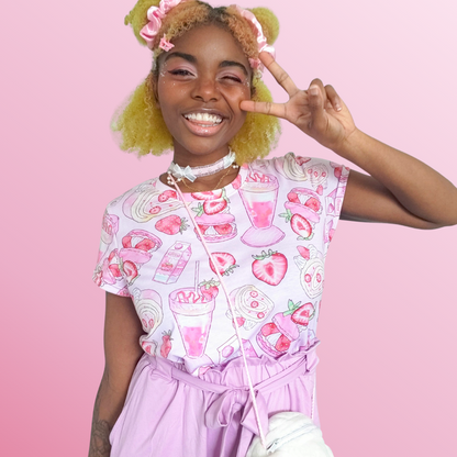 Pink kawaii Strawberry crop top with heart-cut strawberries and milkshakes