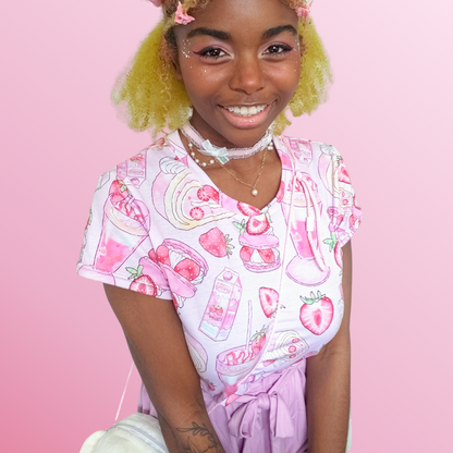 Pink kawaii Strawberry crop top with roll cake slices and macarons
