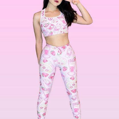 Pink kawaii Strawberry leggings with whole berries and macarons