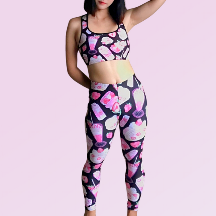 Pink kawaii Strawberry leggings with strawberry milkshakes and macarons print