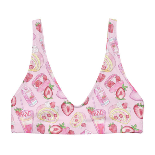 Pink kawaii Strawberry bikini top with milkshakes and whole strawberries