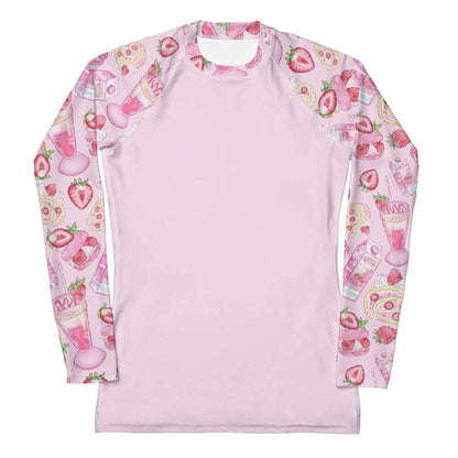 Pink kawaii Strawberry rash guard with sliced strawberries and pink macarons