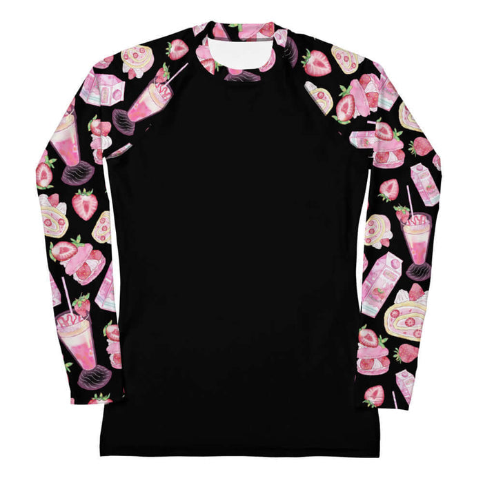 Pink kawaii Strawberry rash guard with sliced strawberries and roll cakes