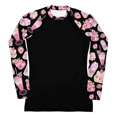 Pink kawaii Strawberry rash guard with sliced strawberries and roll cakes
