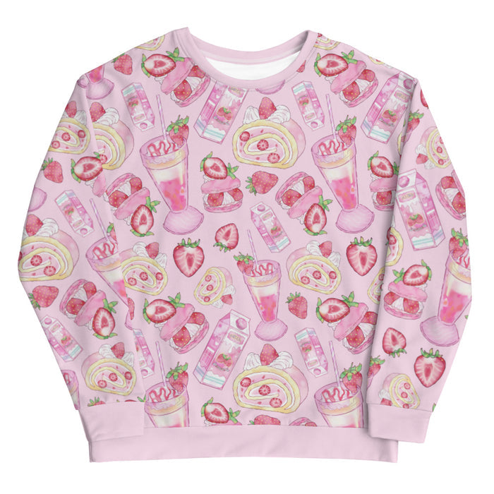 Pink kawaii Strawberry sweatshirt with pink milkshakes and whole strawberries