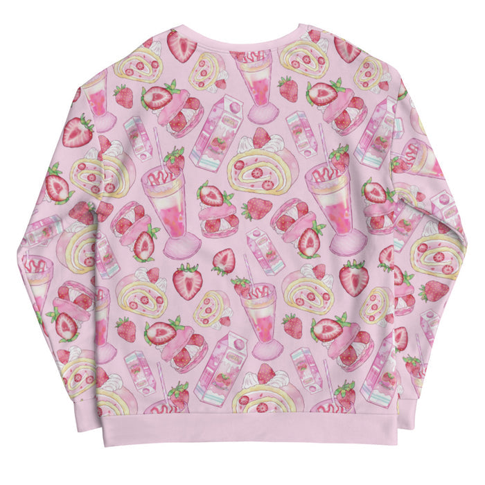 Pink kawaii Strawberry sweatshirt with pink milkshakes and macarons