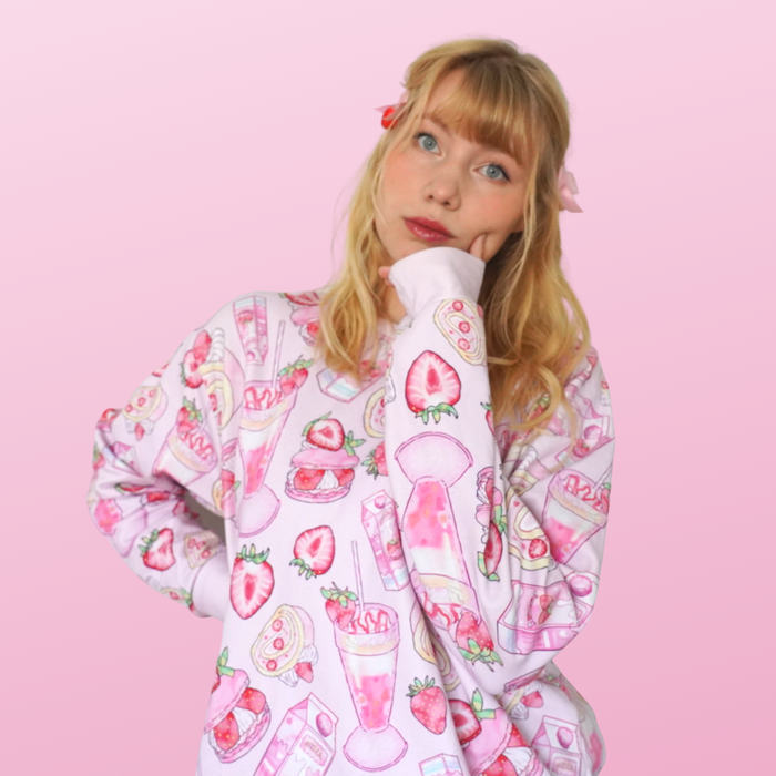 Pink kawaii Strawberry sweatshirt with whole strawberries and macarons