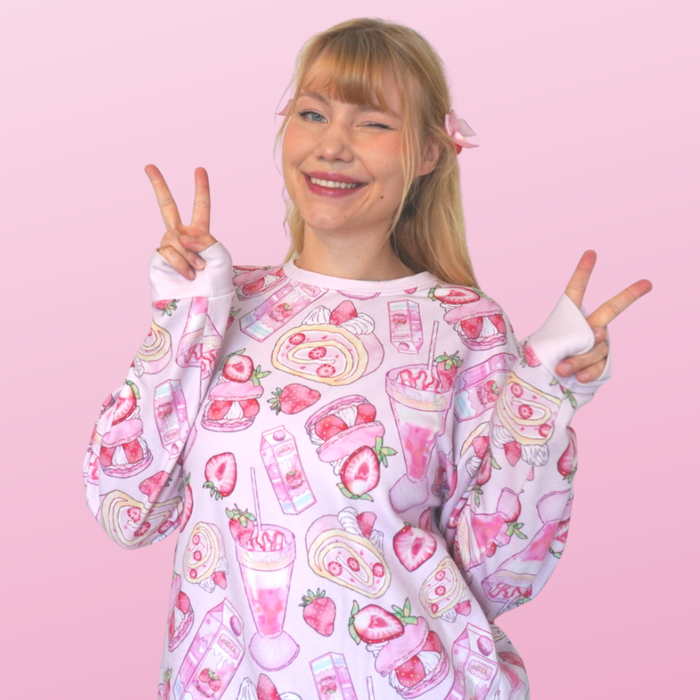 Pink kawaii Strawberry sweatshirt with whole strawberries and roll cakes