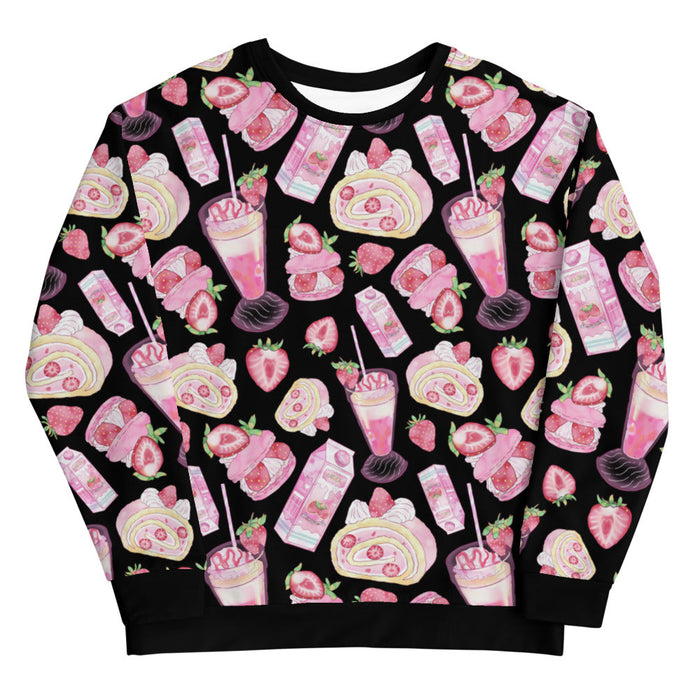 Pink kawaii Strawberry sweatshirt with macarons and roll cakes