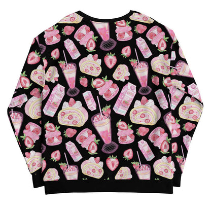 Pink kawaii Strawberry sweatshirt with pink milkshakes and whole strawberries print