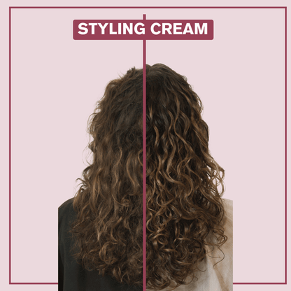Side by side before and after picture of a model who used Alcove Hair Styling Cream 250 ml