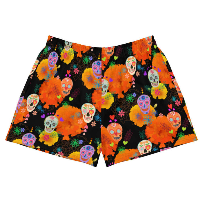 Sugar Skull kawaii athletic short shorts with heart-eyed skulls and orange marigolds on black