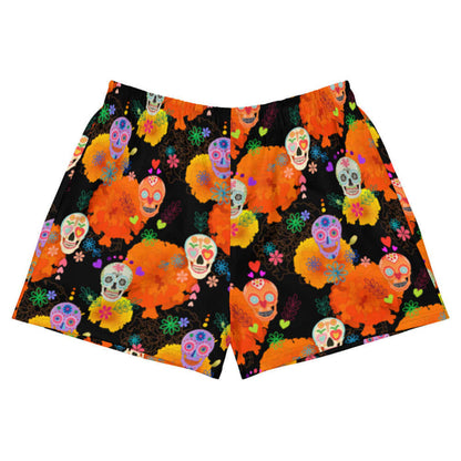 Sugar Skull kawaii athletic short shorts with heart-eyed skulls and orange marigolds on black