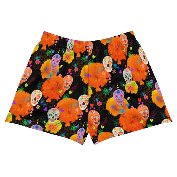 Sugar Skull kawaii athletic short shorts with sugar skulls and scattered daisies on black