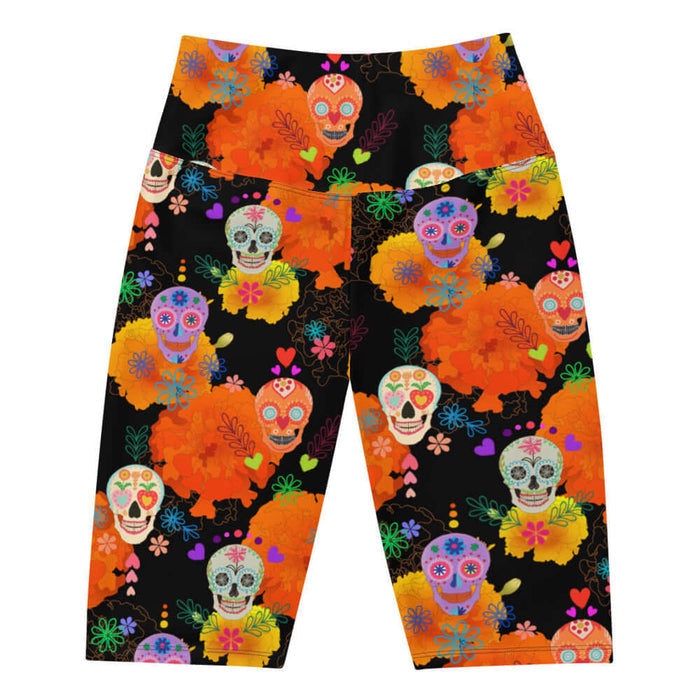Sugar Skull alternative biker shorts with calaveras and confetti hearts on black