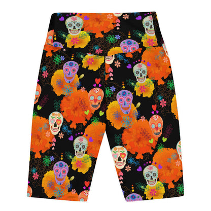 Sugar Skull alternative biker shorts with heart-eyed skulls and orange marigolds on black