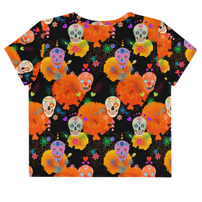 Sugar Skull kawaii crop top with sugar skulls and marigold petals on black