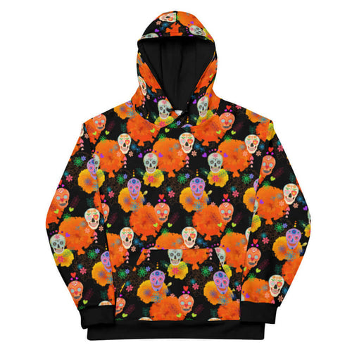 Sugar Skull alternative hoodie with calaveras and confetti hearts on black