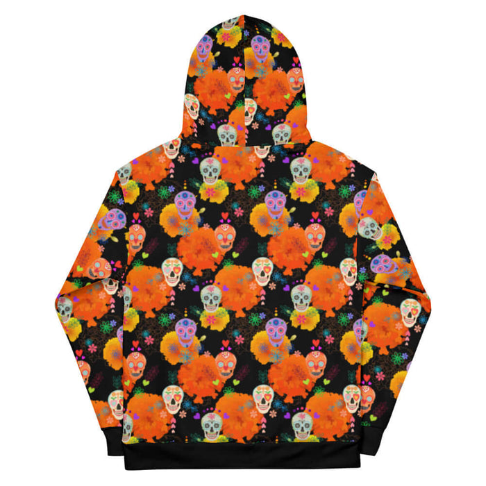 Sugar Skull alternative hoodie with heart-eyed skulls and orange marigolds on black