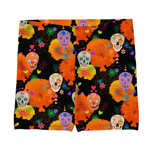 Sugar Skull alternative shorts with sugar skulls and marigold petals on black