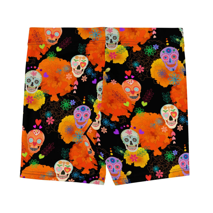 Sugar Skull alternative shorts with flower-crowned skulls and bright hearts on black