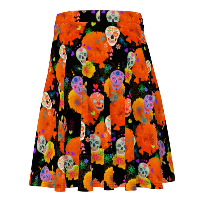 Sugar Skull kawaii skater skirt with sugar skulls and marigold petals on black