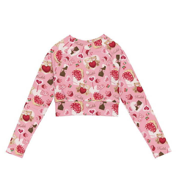 Sugar Sweetheart kawaii long-sleeved crop top in pastel pink with lace doily hearts and paired cherries