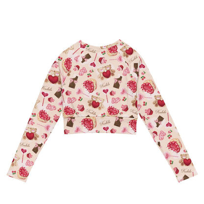 Sugar Sweetheart kawaii long-sleeved crop top with love-note lollipops and lace doily hearts