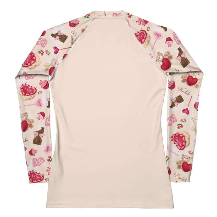 Sugar Sweetheart kawaii rash guard with hugging teddy bears and XOXO heart cakes