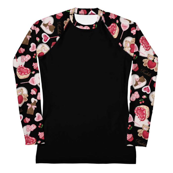 Sugar Sweetheart kawaii rash guard with ribbon-tied chocolate bars and strawberries