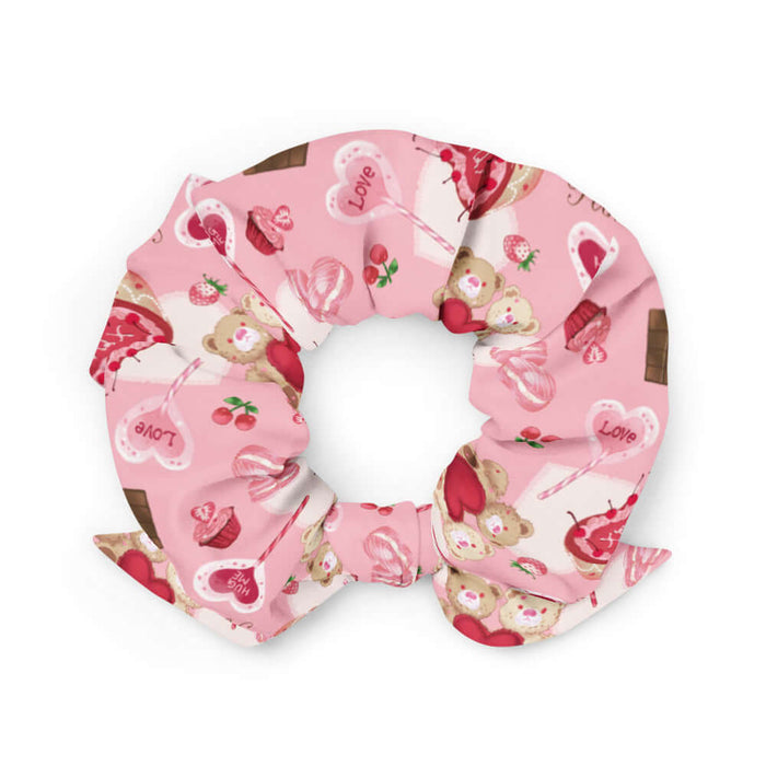 Sugar Sweetheart kawaii scrunchie in pastel pink with ribbon-tied chocolate bars and strawberries