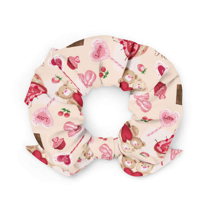 Sugar Sweetheart kawaii scrunchie with love-note lollipops and lace doily hearts