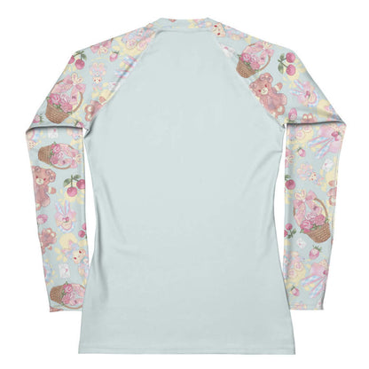 Sweet Teddy kawaii rash guard in pastel with gingham-bow bunnies and cherries