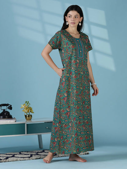 Teal a-line floral 100% pure cotton nightwear for women