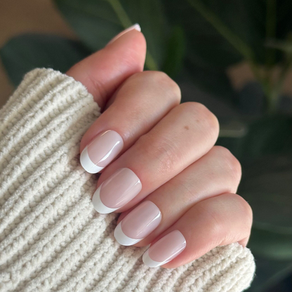Timeless French - Press-On | Short | Round nails with sheer neutral base and soft white diffused tips for a natural mani