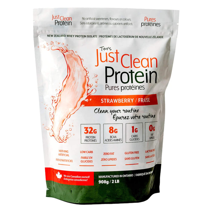 Package of Tim's Just Clean Whey Protein Strawberry 2lbs