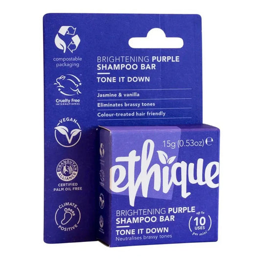Ethique brightening purple shampoo bar packaging on a white background