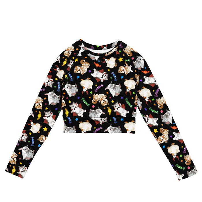 Trick or Treaters alternative long-sleeved crop top in midnight black with devil-horned ducks and gold stars