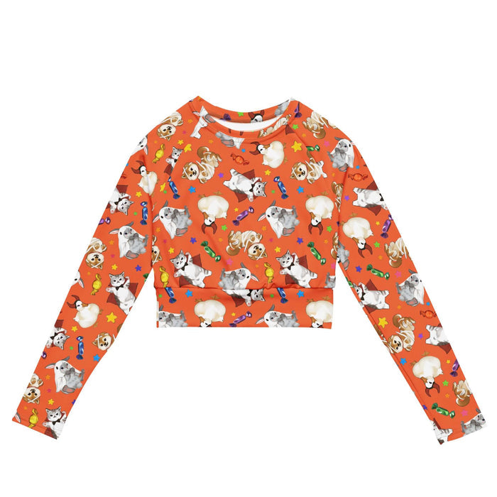 Trick or Treaters alternative long-sleeved crop top with vampire kitties and scattered stars
