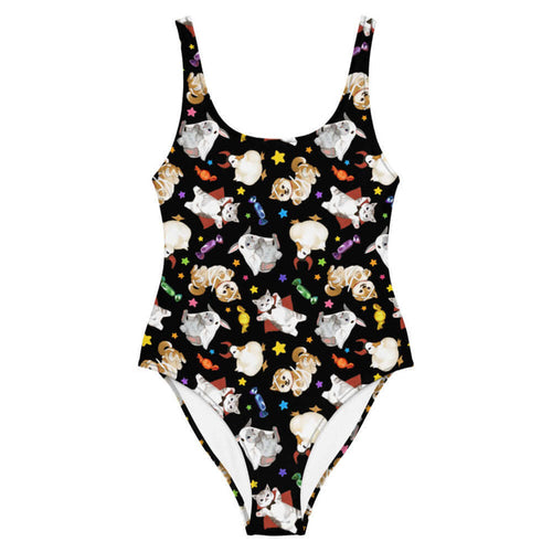 Trick or Treaters alternative one-piece swimsuit in midnight black with devil-horned ducks and gold stars