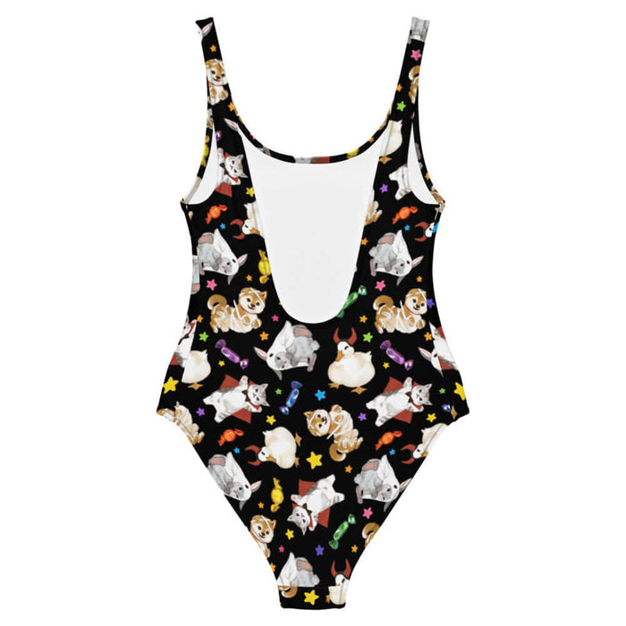 Trick or Treaters alternative one-piece swimsuit with ghost-sheet bunnies and wrapped candy