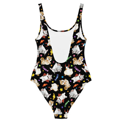 Trick or Treaters alternative one-piece swimsuit with ghost-sheet bunnies and wrapped candy