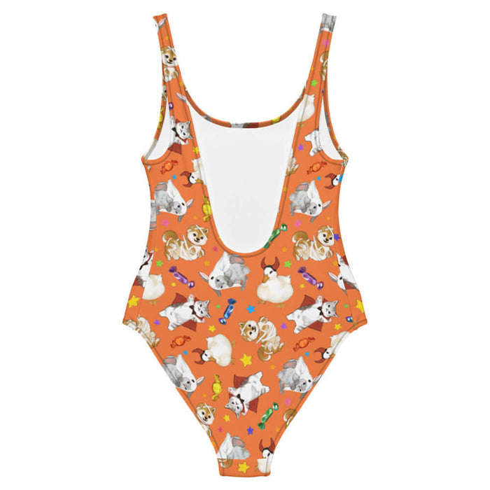 Trick or Treaters alternative one-piece swimsuit with mummy puppies and wrapped candy