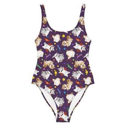 Trick or Treaters alternative one-piece swimsuit with devil ducks and vampire kitties