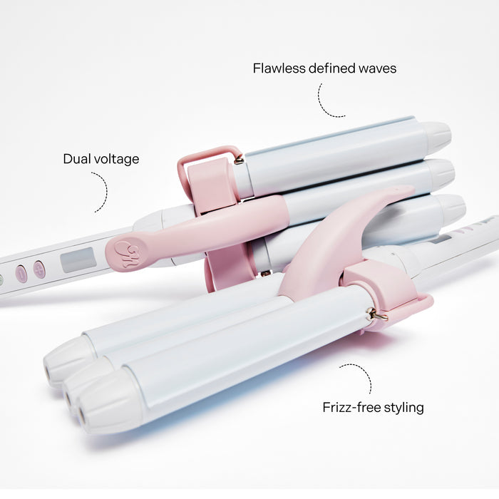 Infographic of Triple Ripple Mini Waver that reads "Flawless defined waves. Dual voltage. Frizz-free styling"